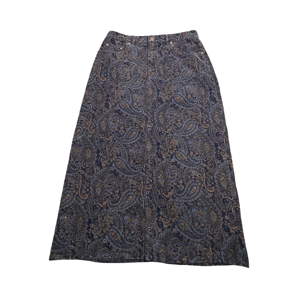 Eddie Bauer Maxi Skirt Womens 8P Blue Brown Paisley Corduroy Cotton Boho Vintage